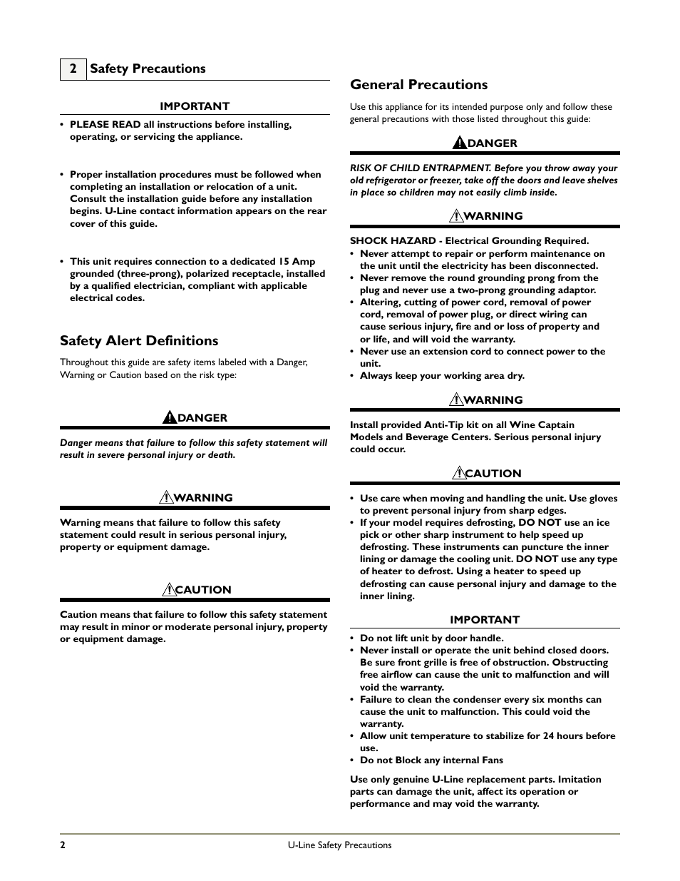 Safety alert definitions, General precautions, 2 safety precautions | U-Line WINE CAPTAIN 1000 User Manual | Page 4 / 20