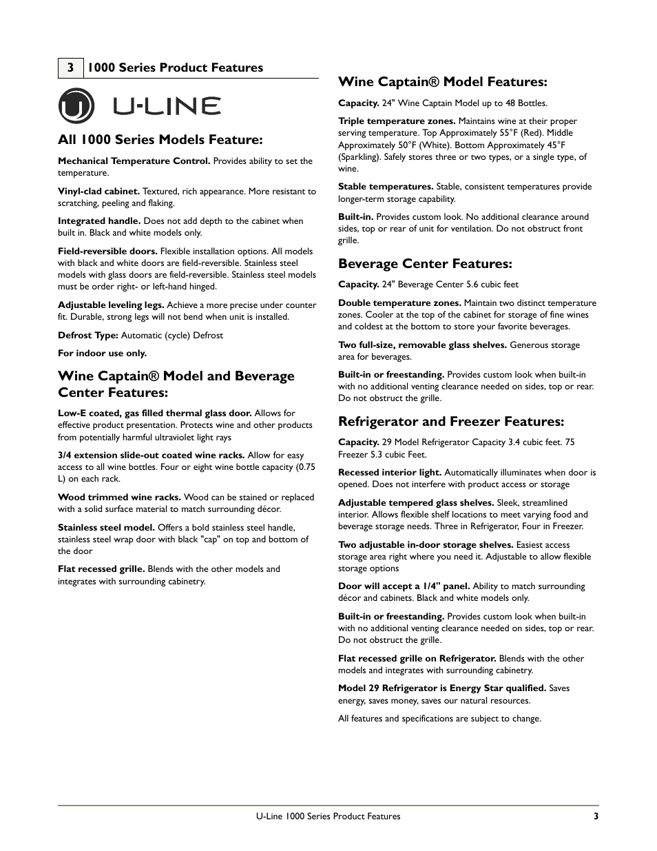 All 1000 series models feature, Wine captain® model and beverage center features, Wine captain® model features | Beverage center features, Refrigerator and freezer features | U-Line WINE CAPTAIN 1000 User Manual | Page 5 / 20