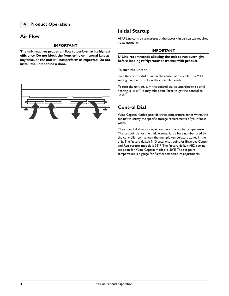 Air flow, Initial startup, Control dial | U-Line WINE CAPTAIN 1000 User Manual | Page 6 / 20
