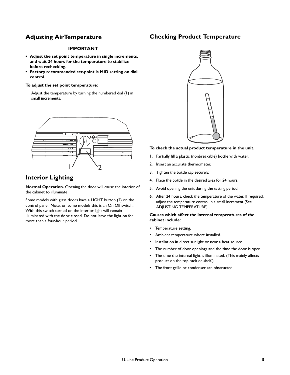 Adjusting airtemperature, Interior lighting, Checking product temperature | U-Line WINE CAPTAIN 1000 User Manual | Page 7 / 20