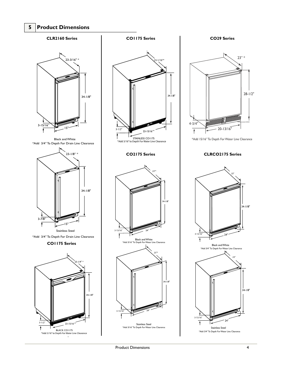 All models, 5 product dimensions, Product dimensions 4 | Clrco2175 series, Co1175 series, Co2175 series | U-Line CO29 User Manual | Page 6 / 19