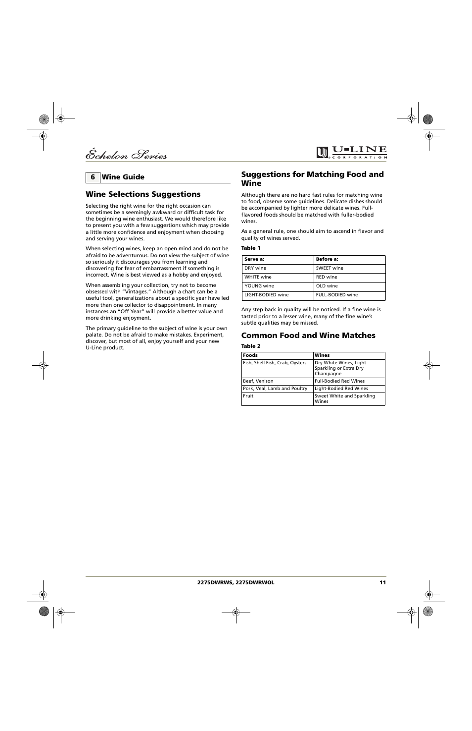 Wine selections suggestions, Suggestions for matching food and wine, Common food and wine matches | 6 wine guide | U-Line 2275DWRWS User Manual | Page 11 / 24