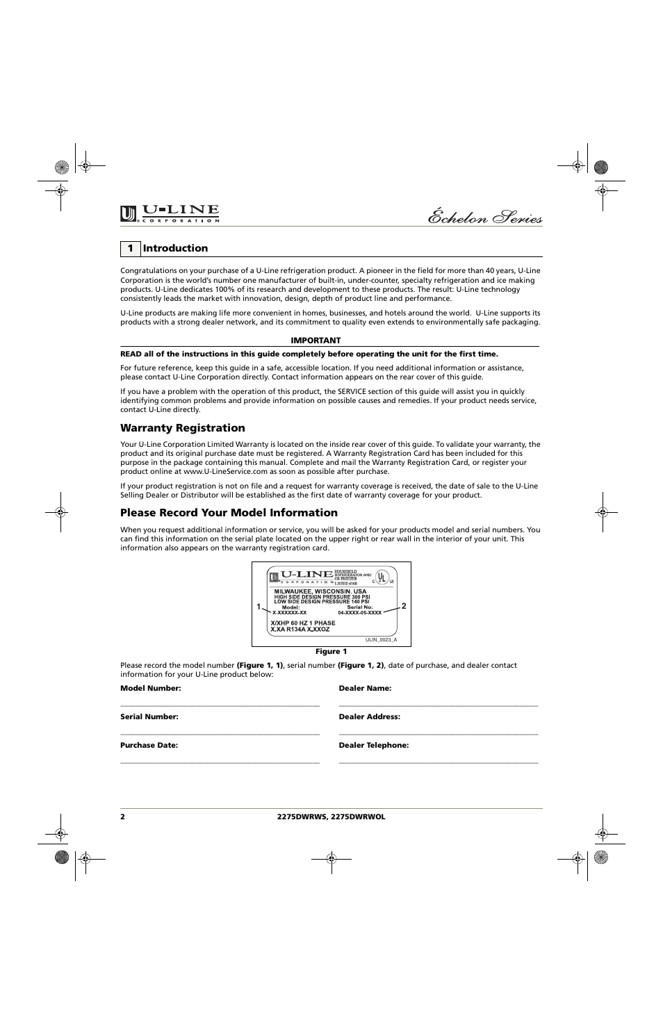 Warranty registration, Please record your model information, 1 introduction | U-Line 2275DWRWS User Manual | Page 2 / 24