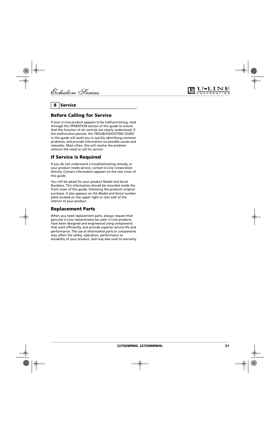 Before calling for service, If service is required, Replacement parts | U-Line 2275DWRWS User Manual | Page 21 / 24
