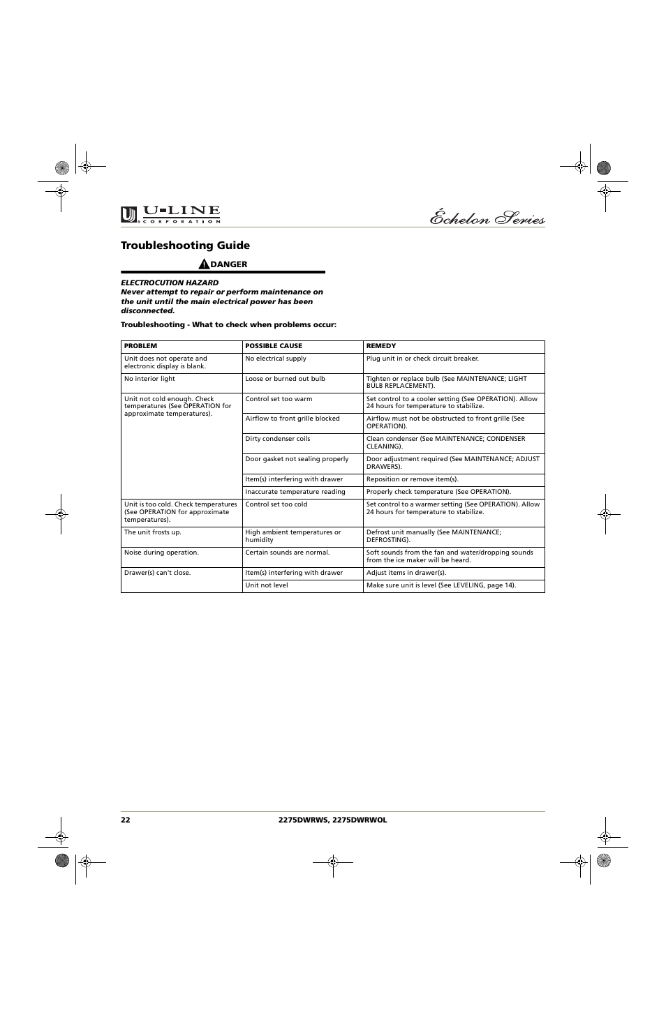Troubleshooting guide | U-Line 2275DWRWS User Manual | Page 22 / 24