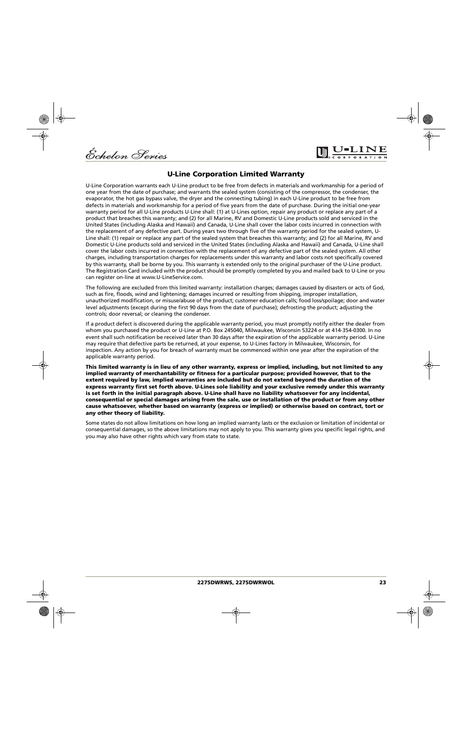 U-line corporation limited warranty | U-Line 2275DWRWS User Manual | Page 23 / 24