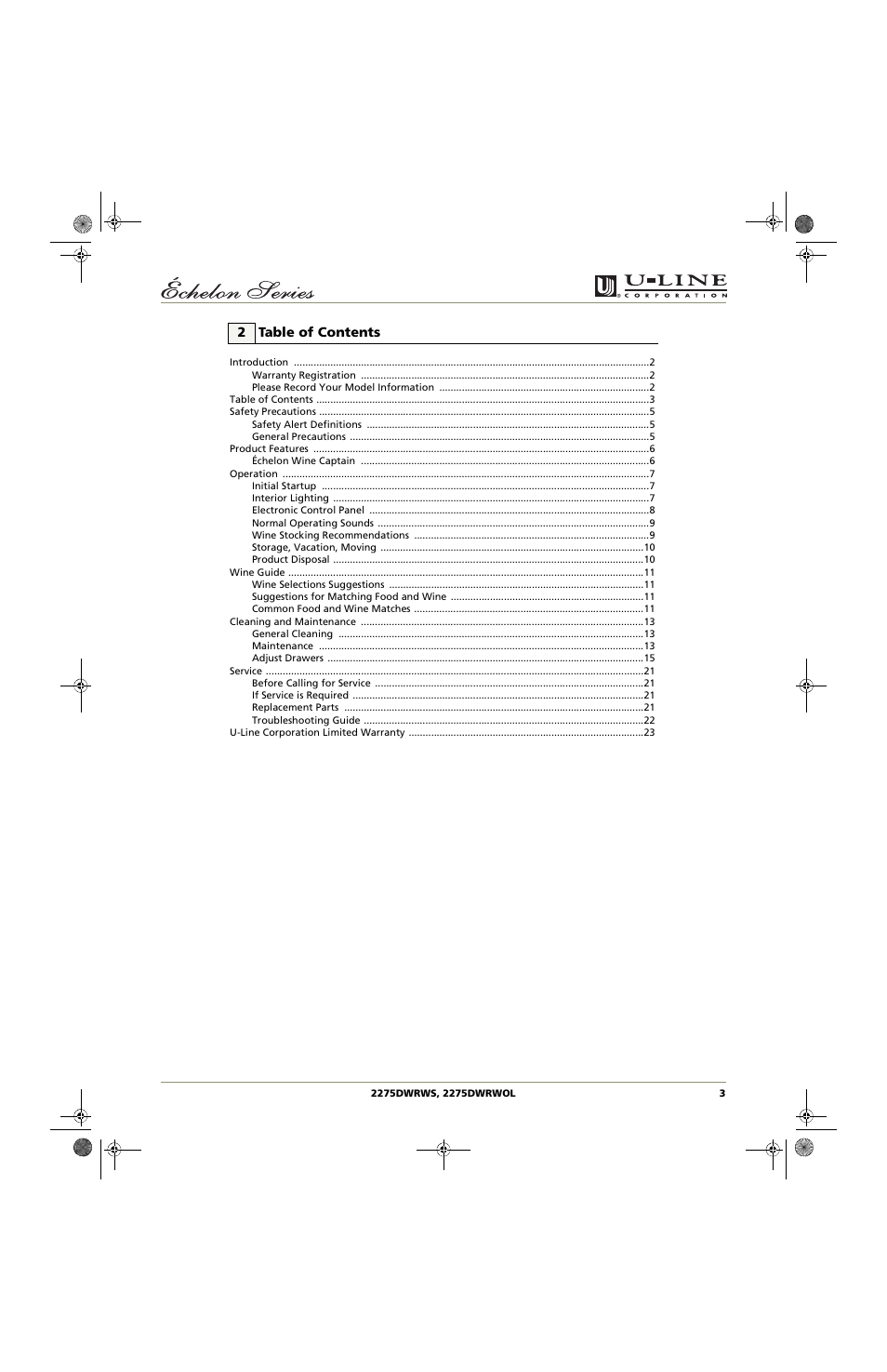 2 table of contents | U-Line 2275DWRWS User Manual | Page 3 / 24