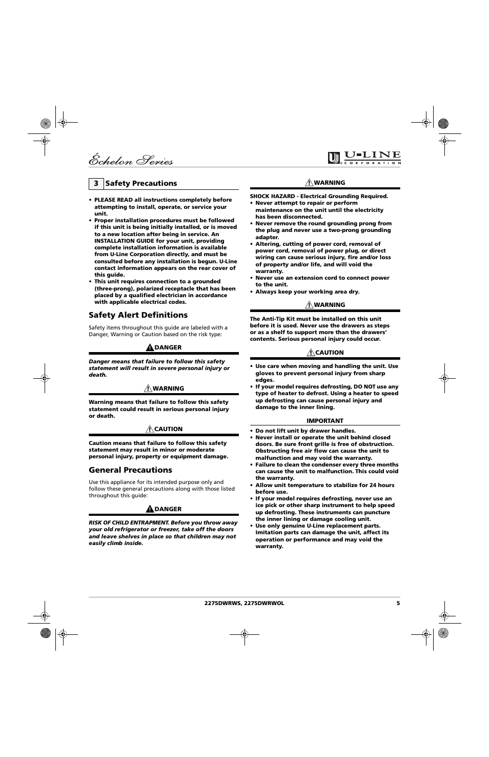 Safety alert definitions, General precautions, 3 safety precautions | U-Line 2275DWRWS User Manual | Page 5 / 24