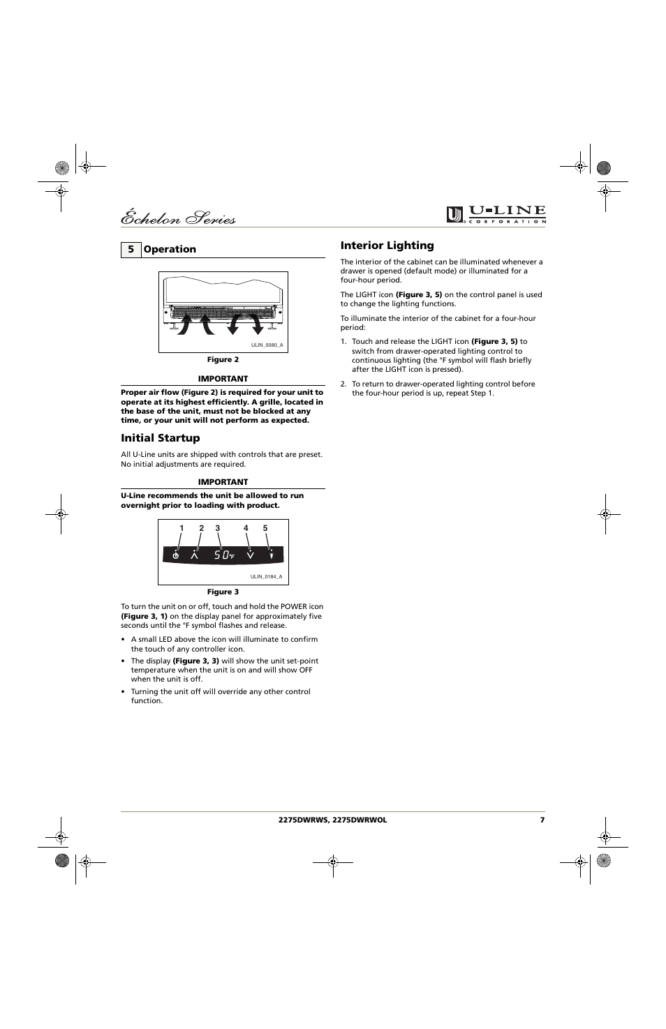 Initial startup, Interior lighting | U-Line 2275DWRWS User Manual | Page 7 / 24