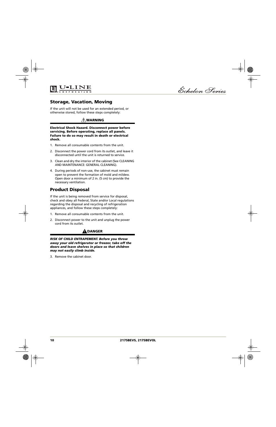 Storage, vacation, moving, Product disposal | U-Line 2175BEVOL User Manual | Page 10 / 24