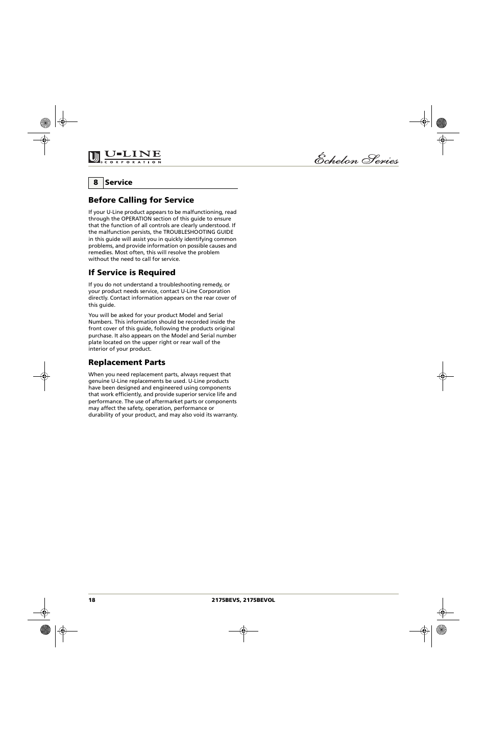 Before calling for service, If service is required, Replacement parts | U-Line 2175BEVOL User Manual | Page 18 / 24