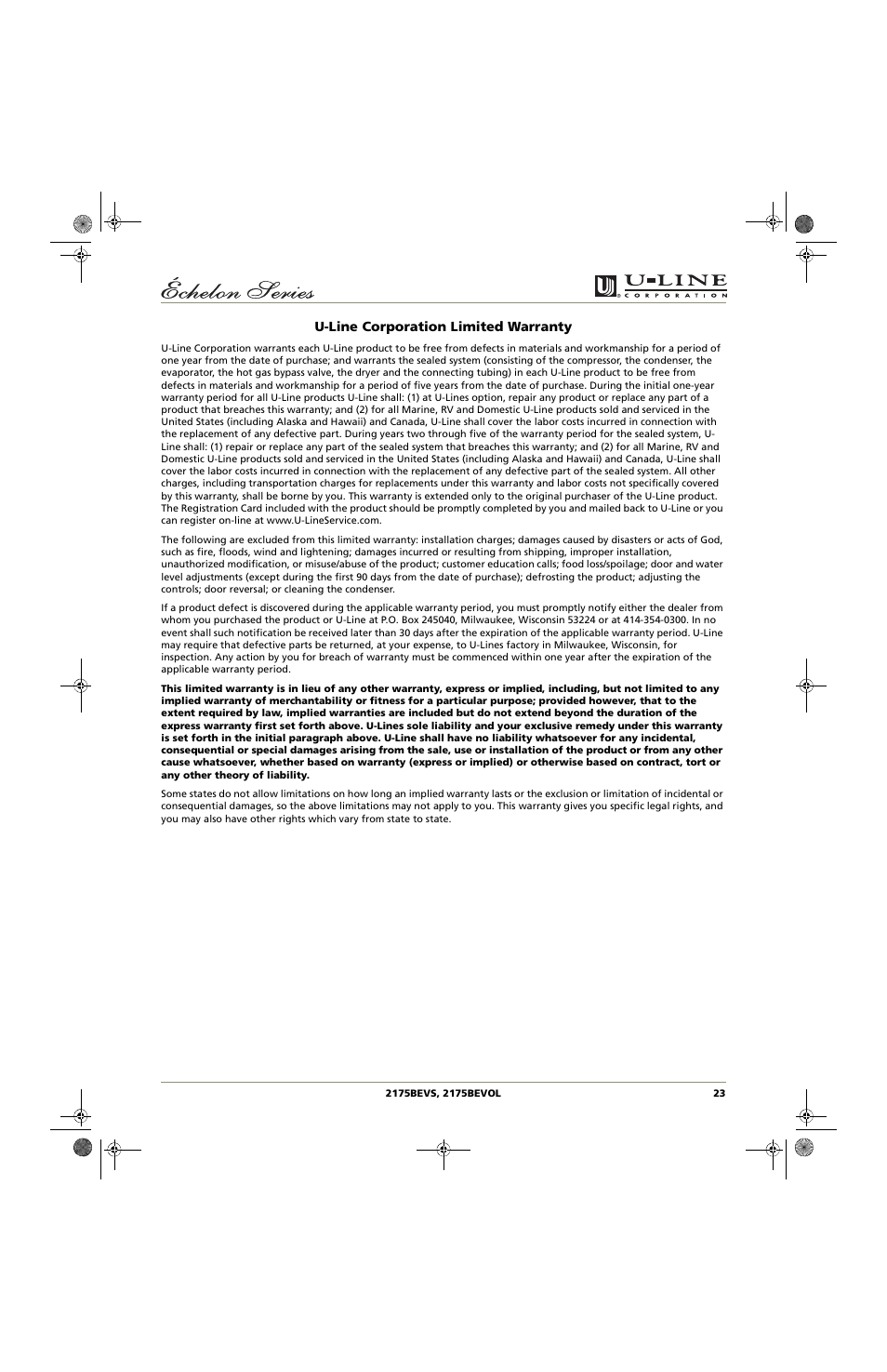 U-line corporation limited warranty | U-Line 2175BEVOL User Manual | Page 23 / 24