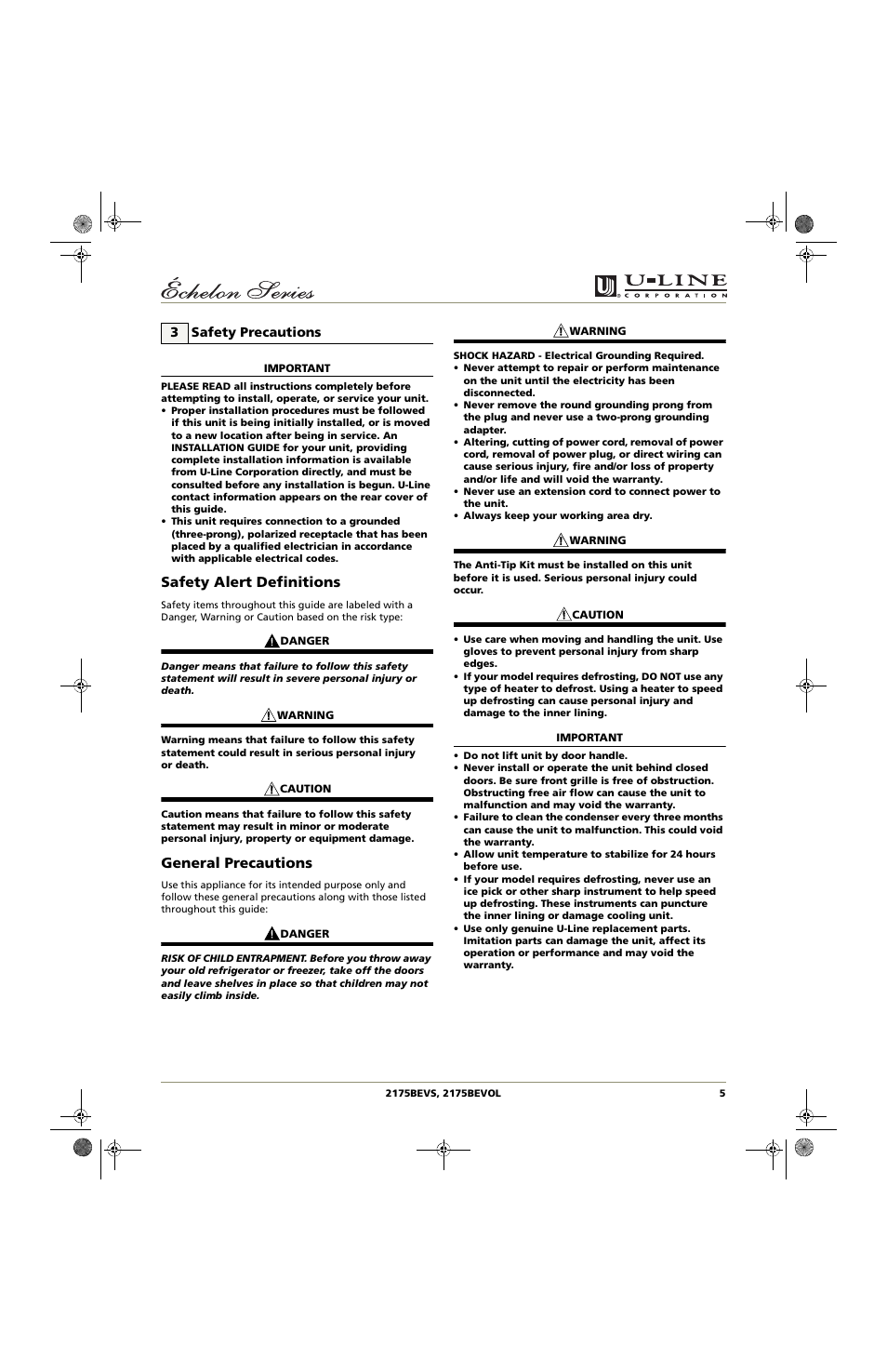 Safety alert definitions, General precautions, 3 safety precautions | U-Line 2175BEVOL User Manual | Page 5 / 24