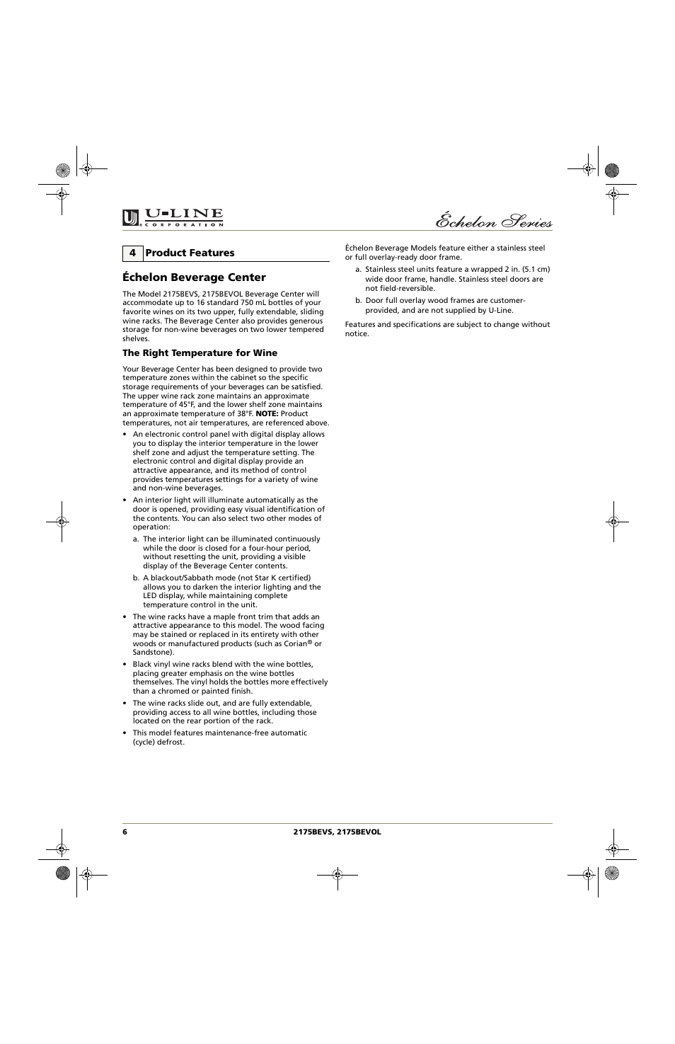 Échelon beverage center, 4 product features | U-Line 2175BEVOL User Manual | Page 6 / 24