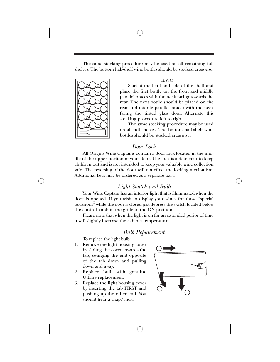 Door lock, Light switch and bulb, Bulb replacement | Door lock light switch and bulb bulb replacement | U-Line 15WC User Manual | Page 14 / 18