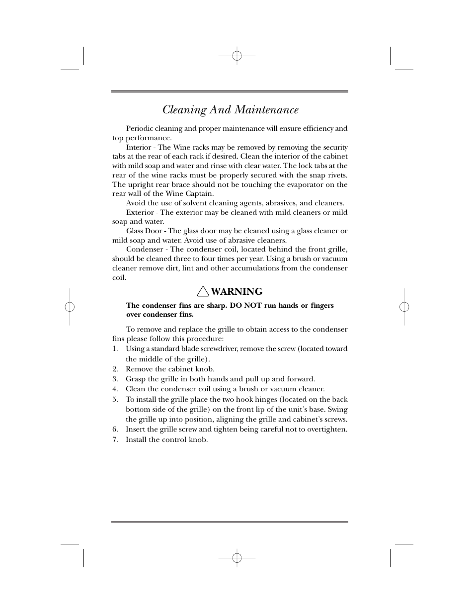 Cleaning and maintenance, Warning | U-Line 15WC User Manual | Page 15 / 18