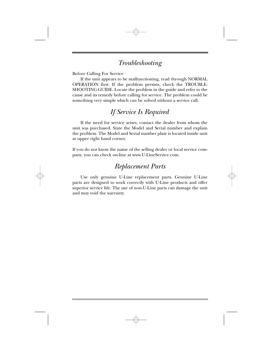 Troubleshooting, If service is required, Replacement parts | U-Line 15WC User Manual | Page 16 / 18