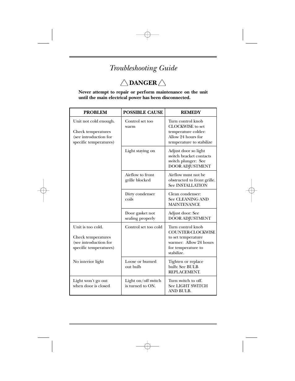 Troubleshooting guide, Danger | U-Line 15WC User Manual | Page 17 / 18