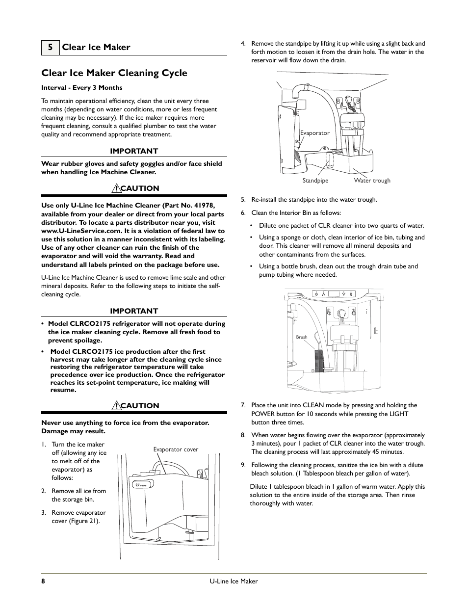 Clear ice maker cleaning cycle, 5 clear ice maker | U-Line CLR2160 STAINLESS User Manual | Page 10 / 20