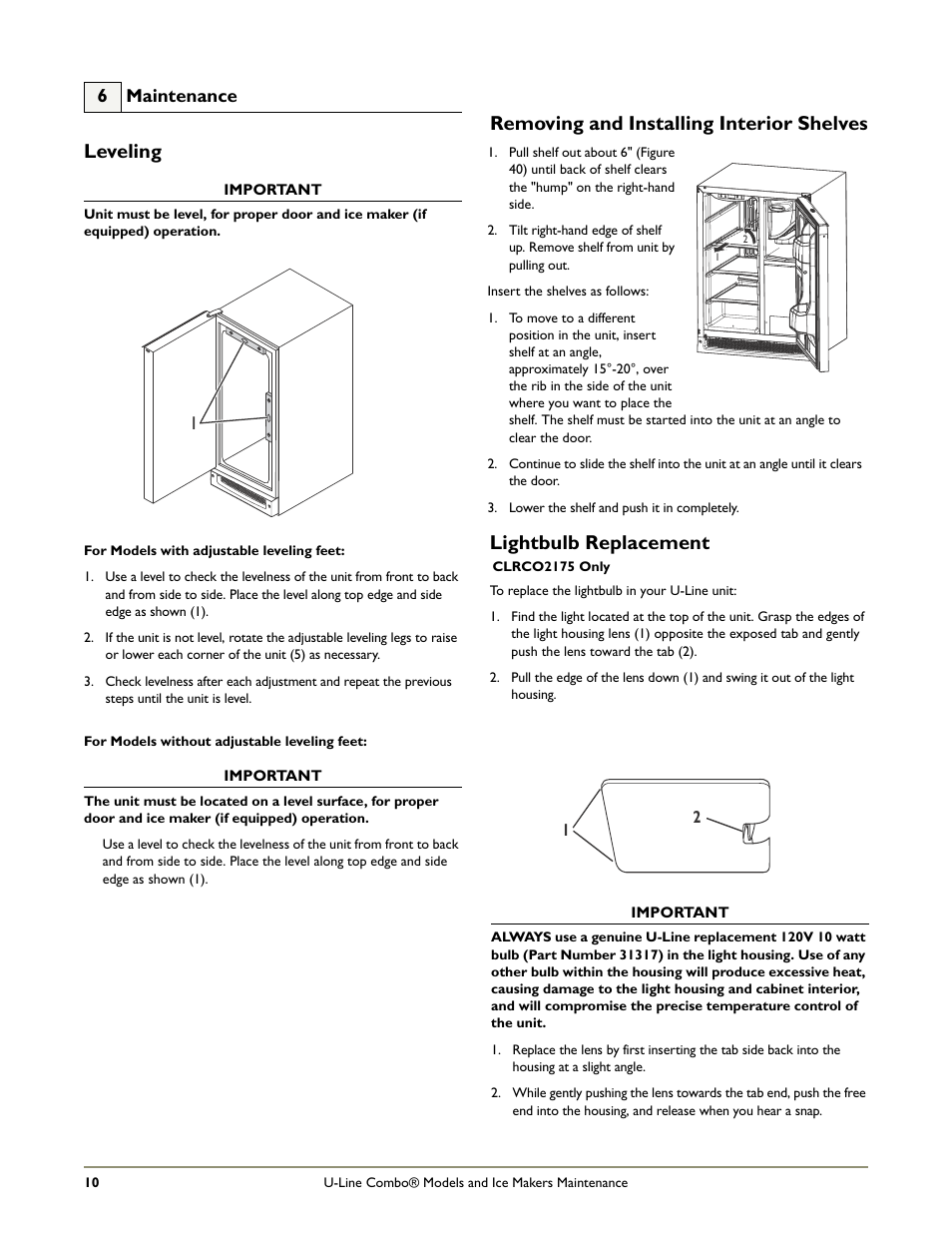 Leveling, Removing and installing interior shelves, Lightbulb replacement | U-Line CLR2160 STAINLESS User Manual | Page 12 / 20