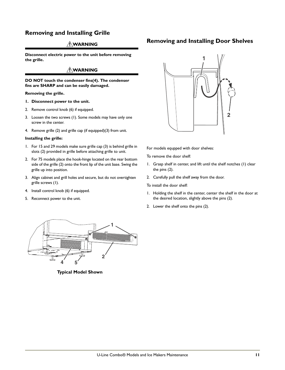 Removing and installing door shelves, Removing and installing grille | U-Line CLR2160 STAINLESS User Manual | Page 13 / 20