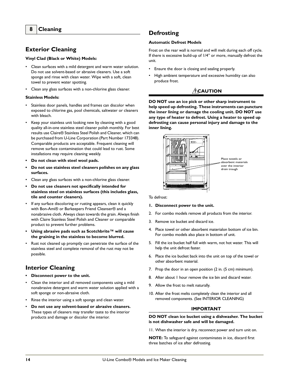 Exterior cleaning, Interior cleaning, Defrosting | 8 cleaning | U-Line CLR2160 STAINLESS User Manual | Page 16 / 20