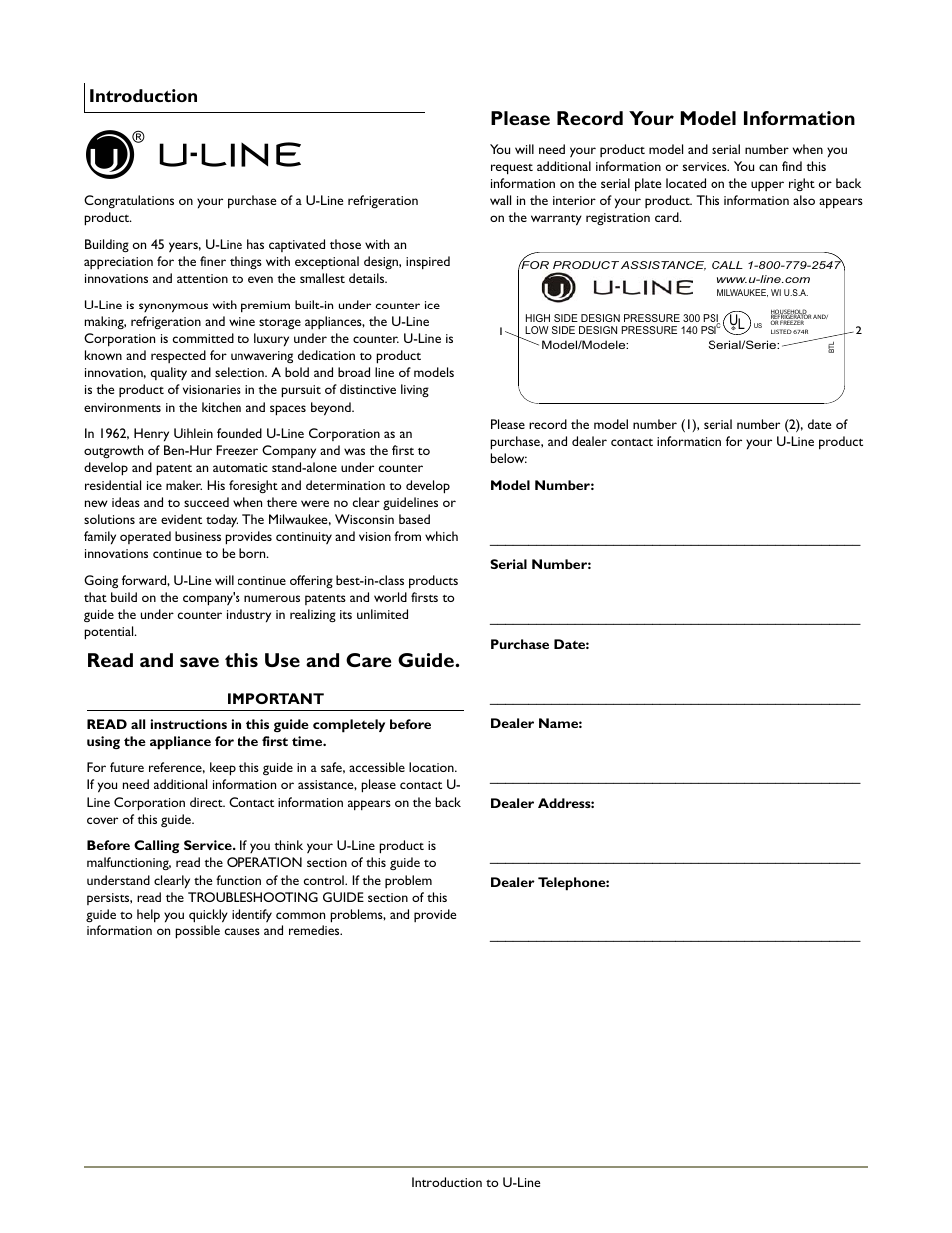 Read and save this use and care guide, Please record your model information, Introduction | U-Line CLR2160 STAINLESS User Manual | Page 2 / 20