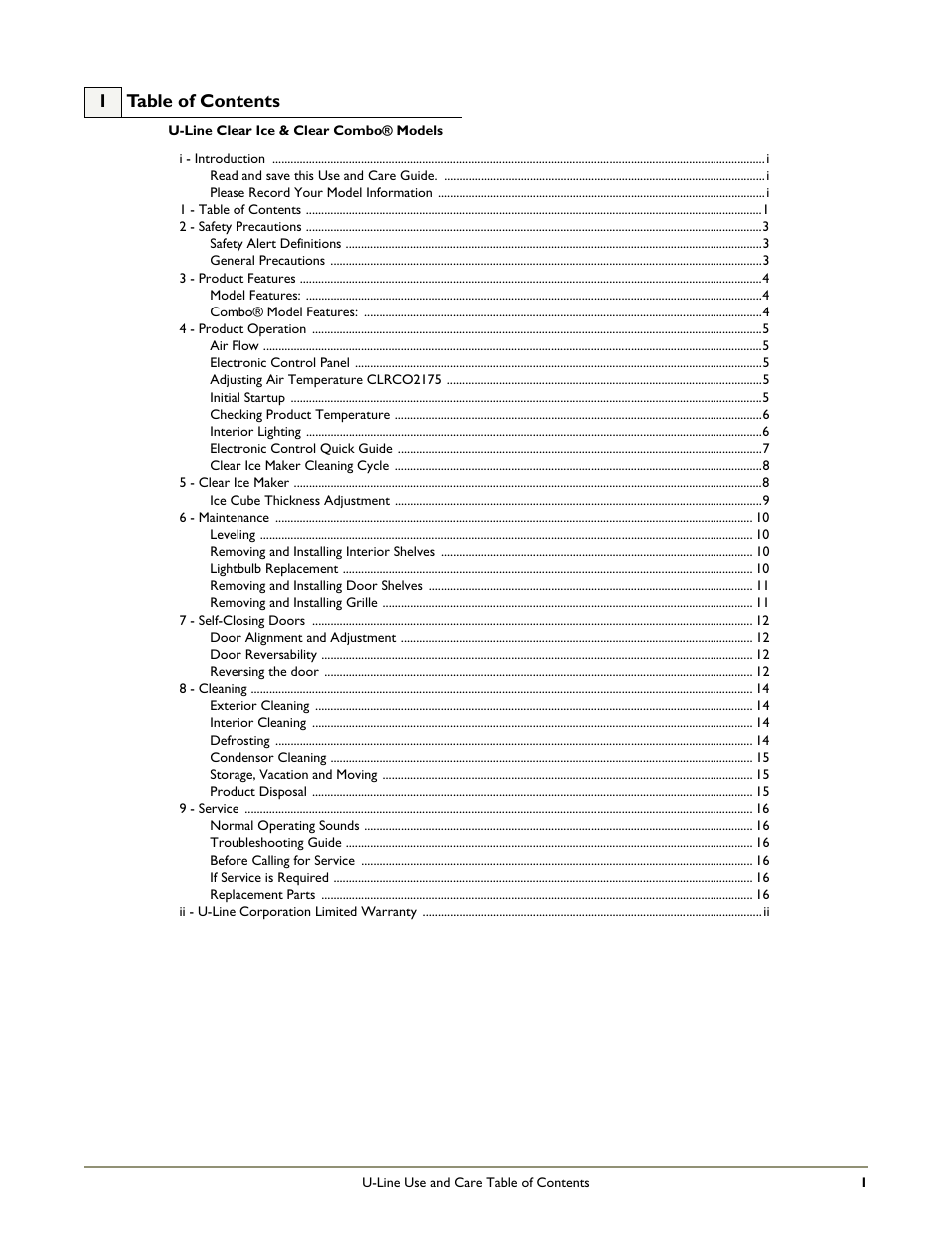 1 table of contents | U-Line CLR2160 STAINLESS User Manual | Page 3 / 20