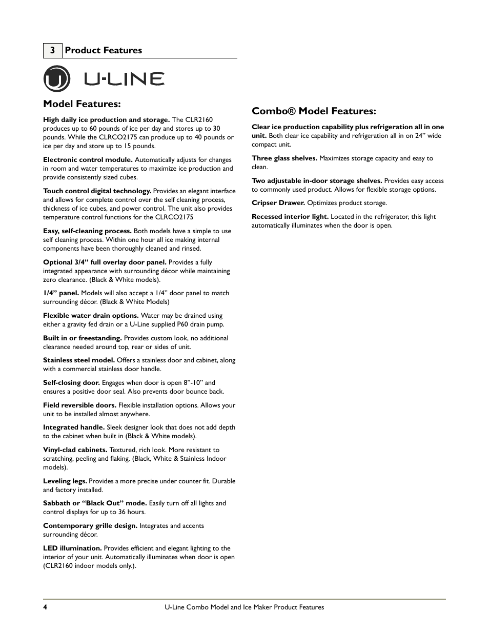 Model features, Combo® model features | U-Line CLR2160 STAINLESS User Manual | Page 6 / 20