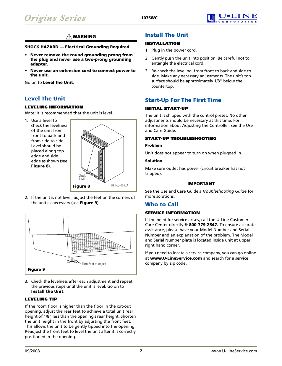 Level the unit, Install the unit, Start-up for the first time | Who to call | U-Line 1075WC User Manual | Page 7 / 8