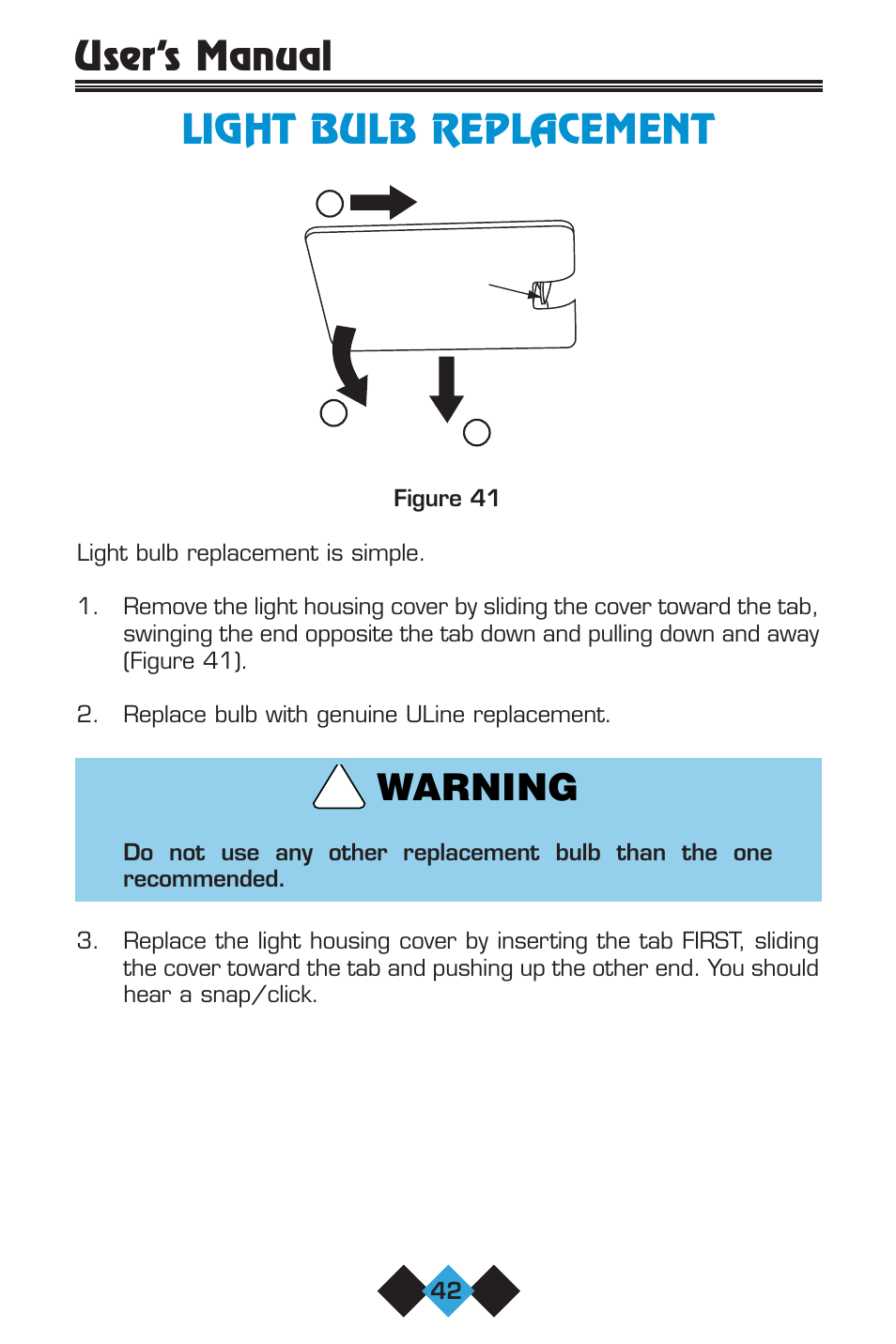 Light bulb replacement, User’s manual light bulb replacement, Warning | U-Line ICE-MAKER User Manual | Page 44 / 56