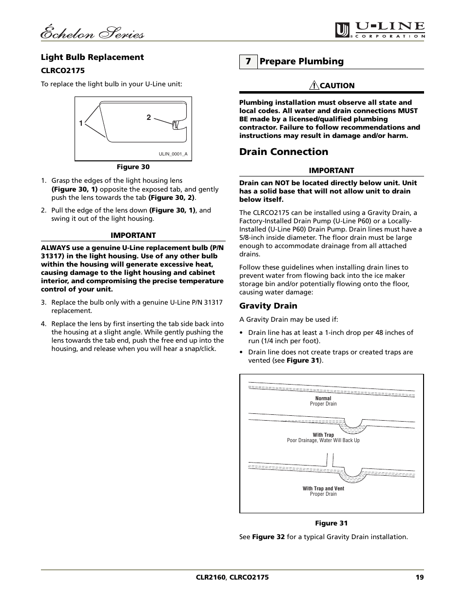 Drain connection, 7 prepare plumbing | U-Line CLRCO2175 User Manual | Page 19 / 28