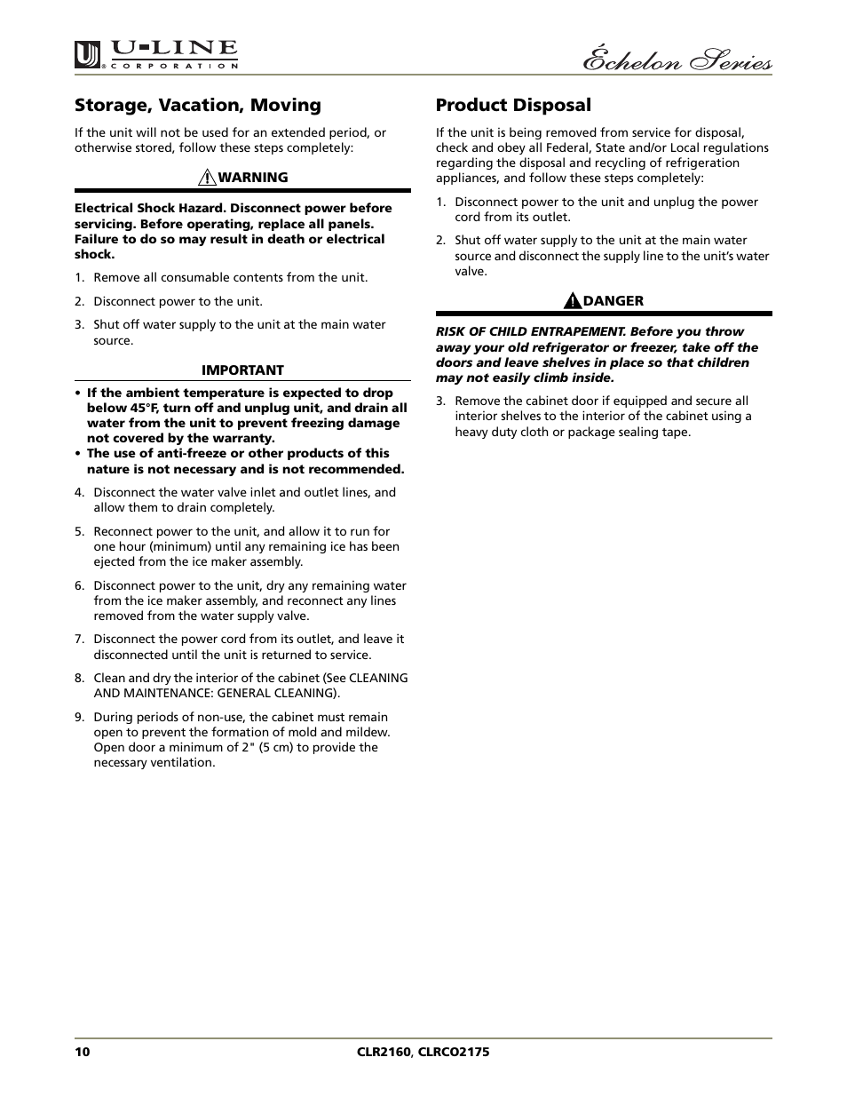 Storage, vacation, moving, Product disposal | U-Line CLR2160 User Manual | Page 10 / 28