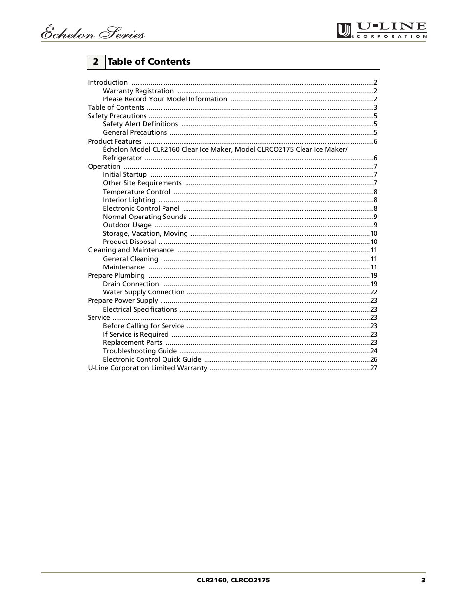 2 table of contents | U-Line CLR2160 User Manual | Page 3 / 28