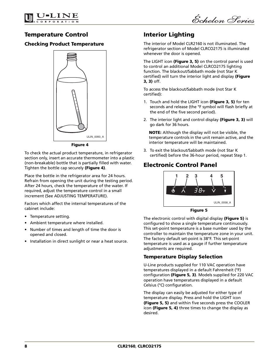 Temperature control, Interior lighting, Electronic control panel | U-Line CLR2160 User Manual | Page 8 / 28
