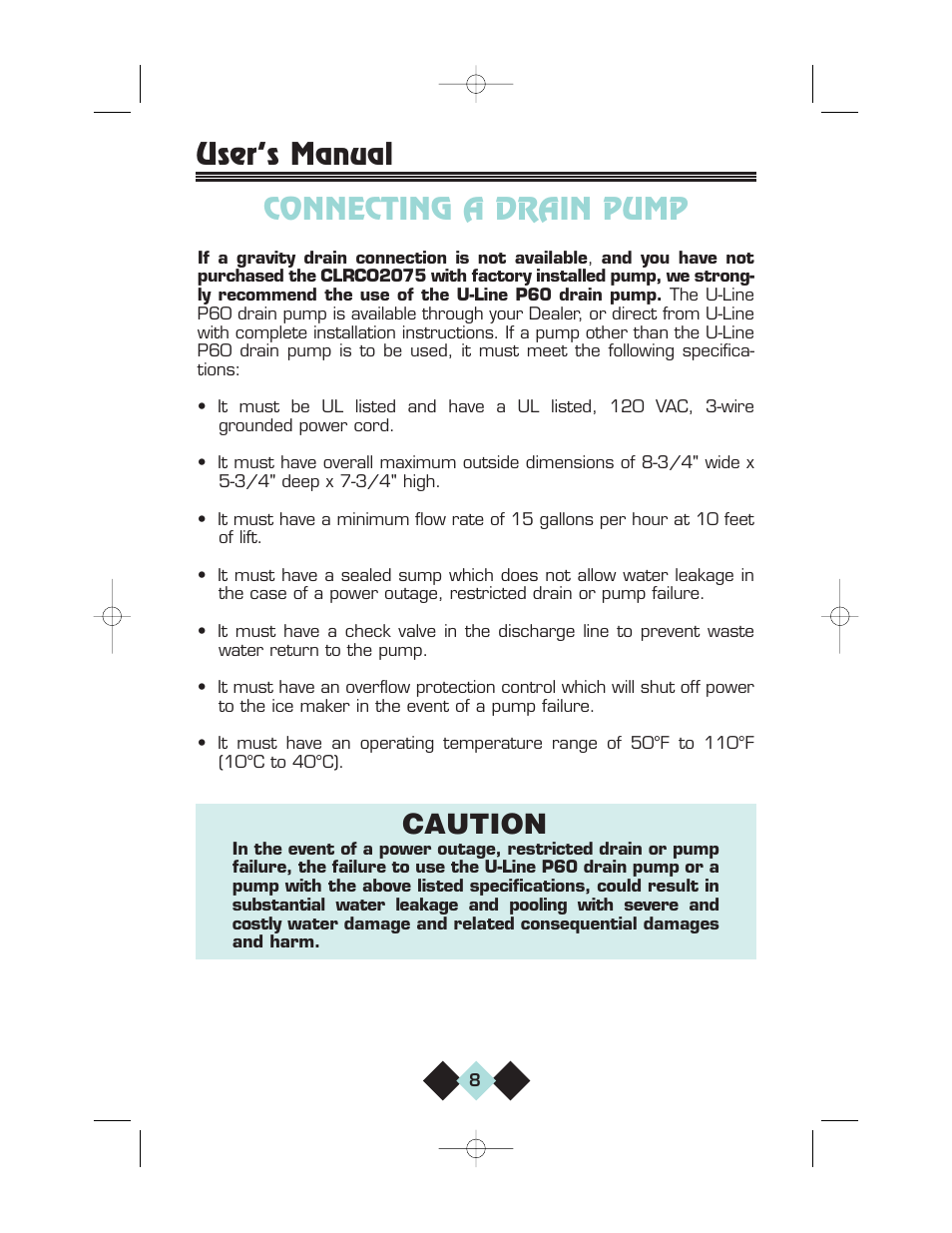 Connecting a drain pump, User’s manual connecting a drain pump, Caution | U-Line CLRCO2075 User Manual | Page 10 / 48