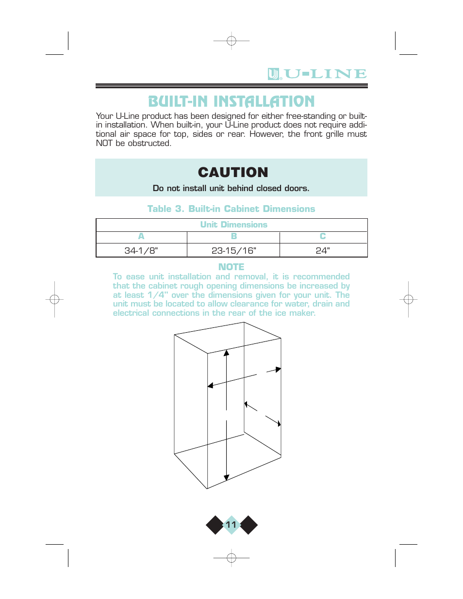 Built-in installation, Caution | U-Line CLRCO2075 User Manual | Page 13 / 48