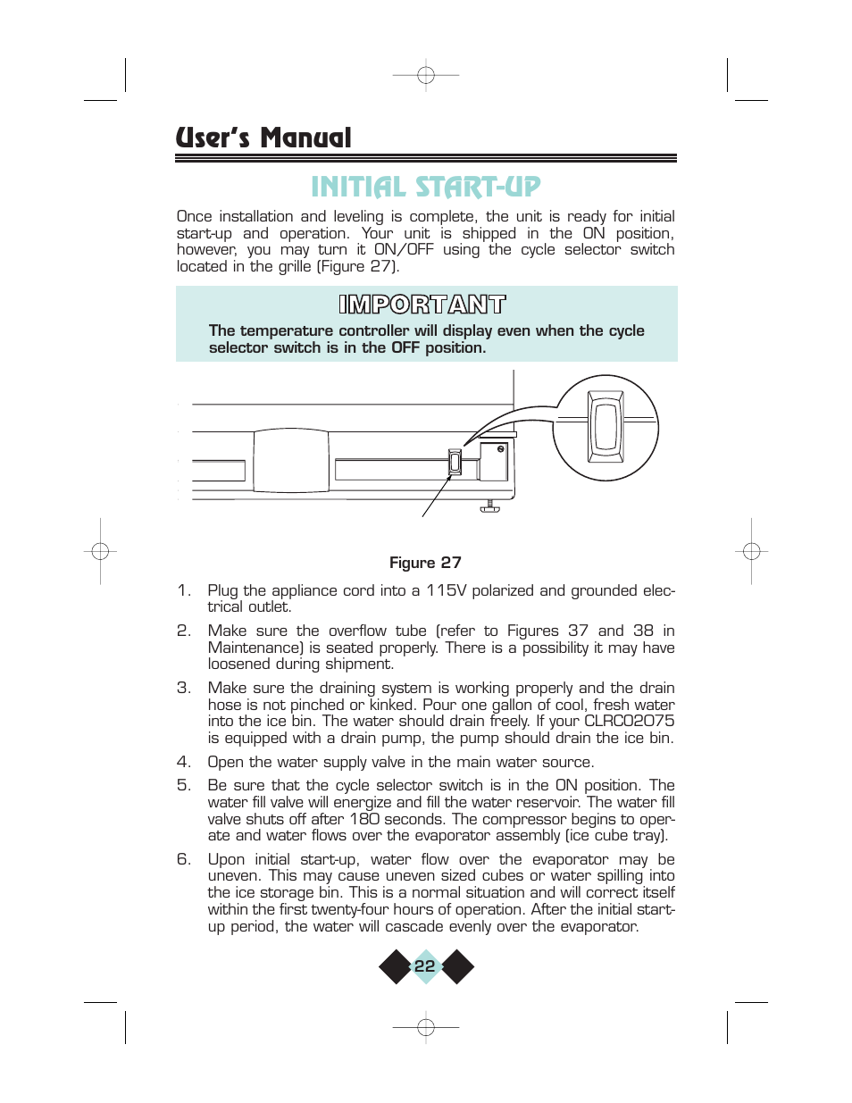 Initial start-up, User’s manual initial start-up | U-Line CLRCO2075 User Manual | Page 24 / 48