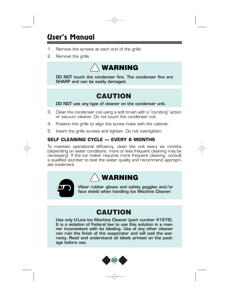 User’s manual, Caution, Warning caution | Warning | U-Line CLRCO2075 User Manual | Page 34 / 48