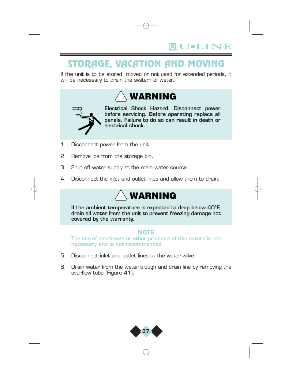 Storage, vacation and moving, Warning | U-Line CLRCO2075 User Manual | Page 39 / 48