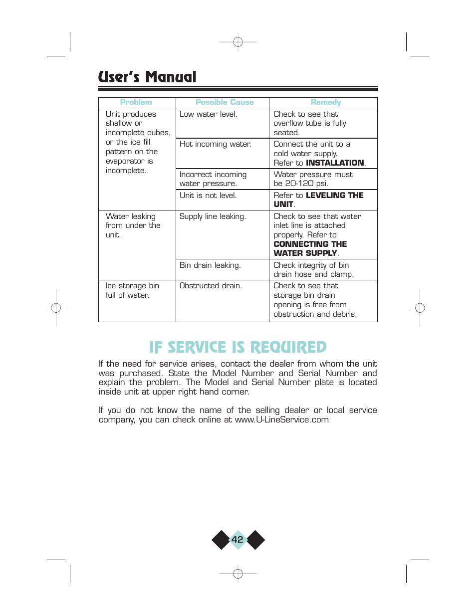 If service is required, User’s manual | U-Line CLRCO2075 User Manual | Page 44 / 48