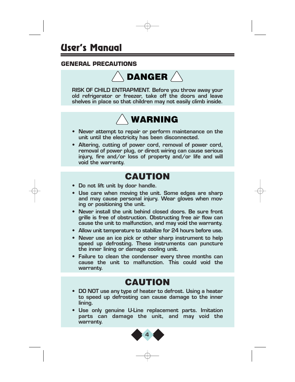 Caution, Warning danger, User’s manual | U-Line CLRCO2075 User Manual | Page 6 / 48