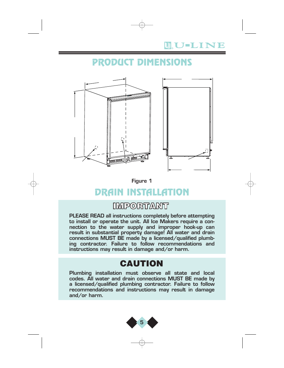 Product dimensions, Drain installation, Product dimensions drain installation | Caution | U-Line CLRCO2075 User Manual | Page 7 / 48