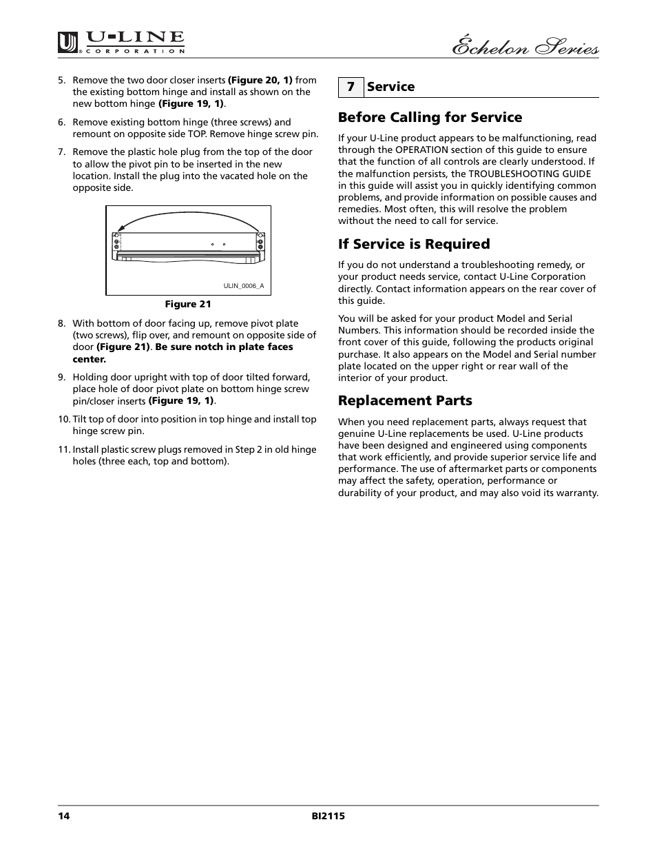 Before calling for service, If service is required, Replacement parts | U-Line BI2115 User Manual | Page 14 / 20