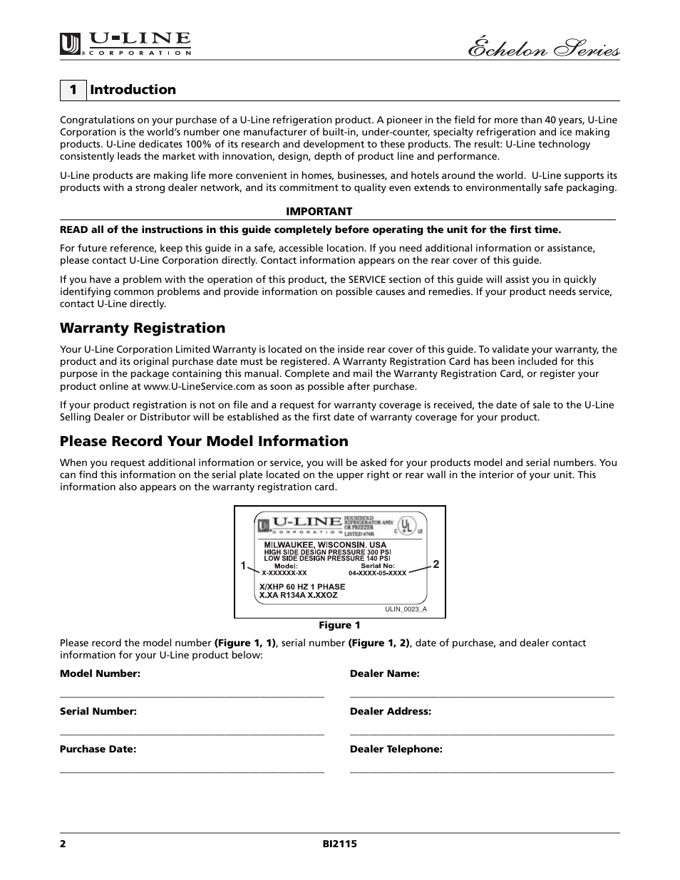 Warranty registration, Please record your model information, 1 introduction | U-Line BI2115 User Manual | Page 2 / 20