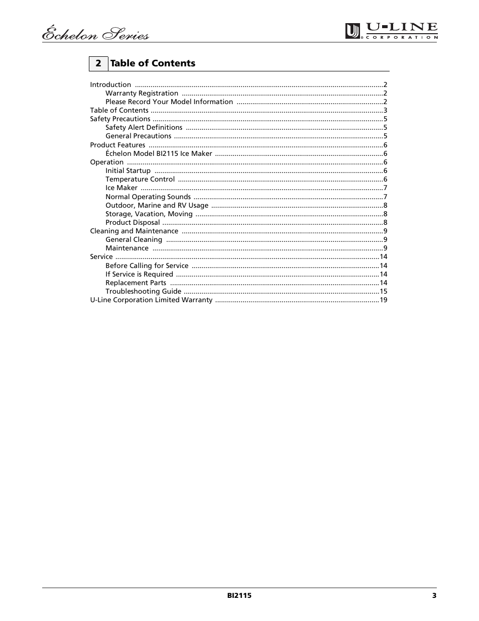 2 table of contents | U-Line BI2115 User Manual | Page 3 / 20