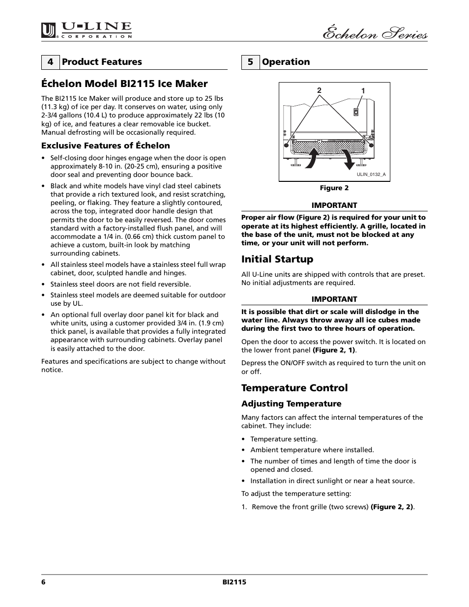 Échelon model bi2115 ice maker, Initial startup, Temperature control | U-Line BI2115 User Manual | Page 6 / 20