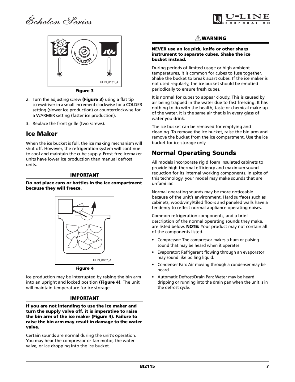 Ice maker, Normal operating sounds | U-Line BI2115 User Manual | Page 7 / 20