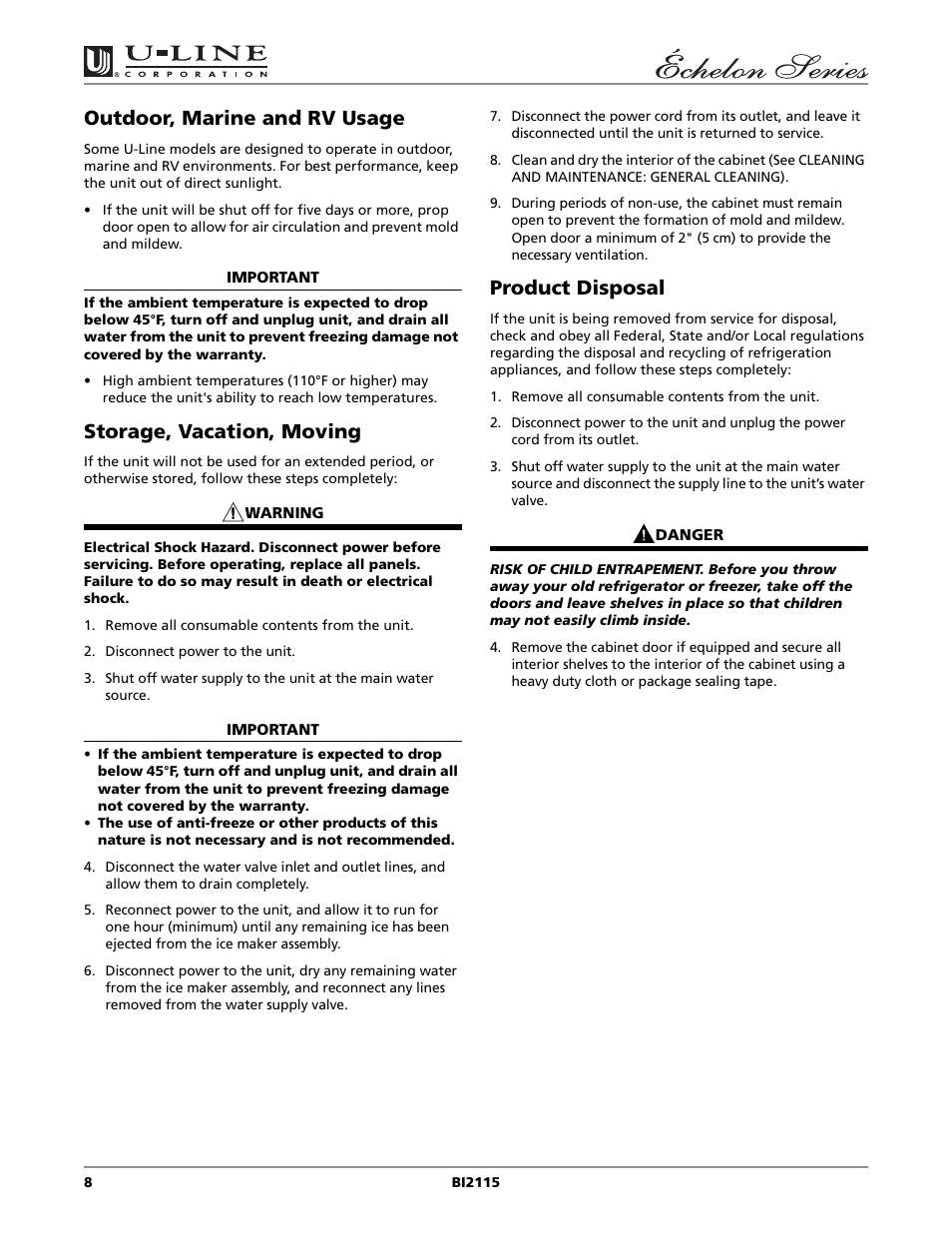 Outdoor, marine and rv usage, Storage, vacation, moving, Product disposal | U-Line BI2115 User Manual | Page 8 / 20