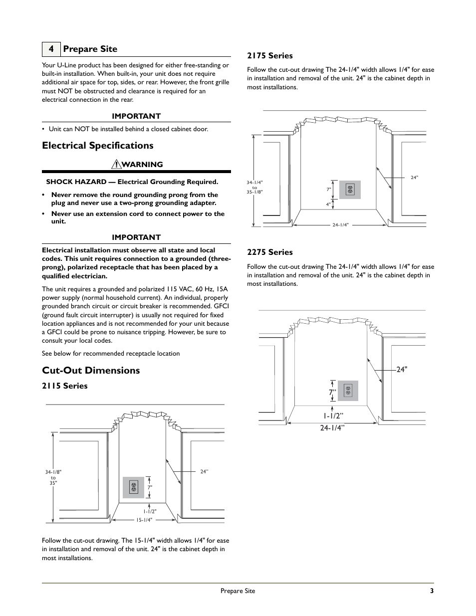 Electrical specifications, Cut-out dimensions, 4 prepare site | 2115 series, 2175 series, 2275 series | U-Line 2175BEVC  EN User Manual | Page 5 / 17